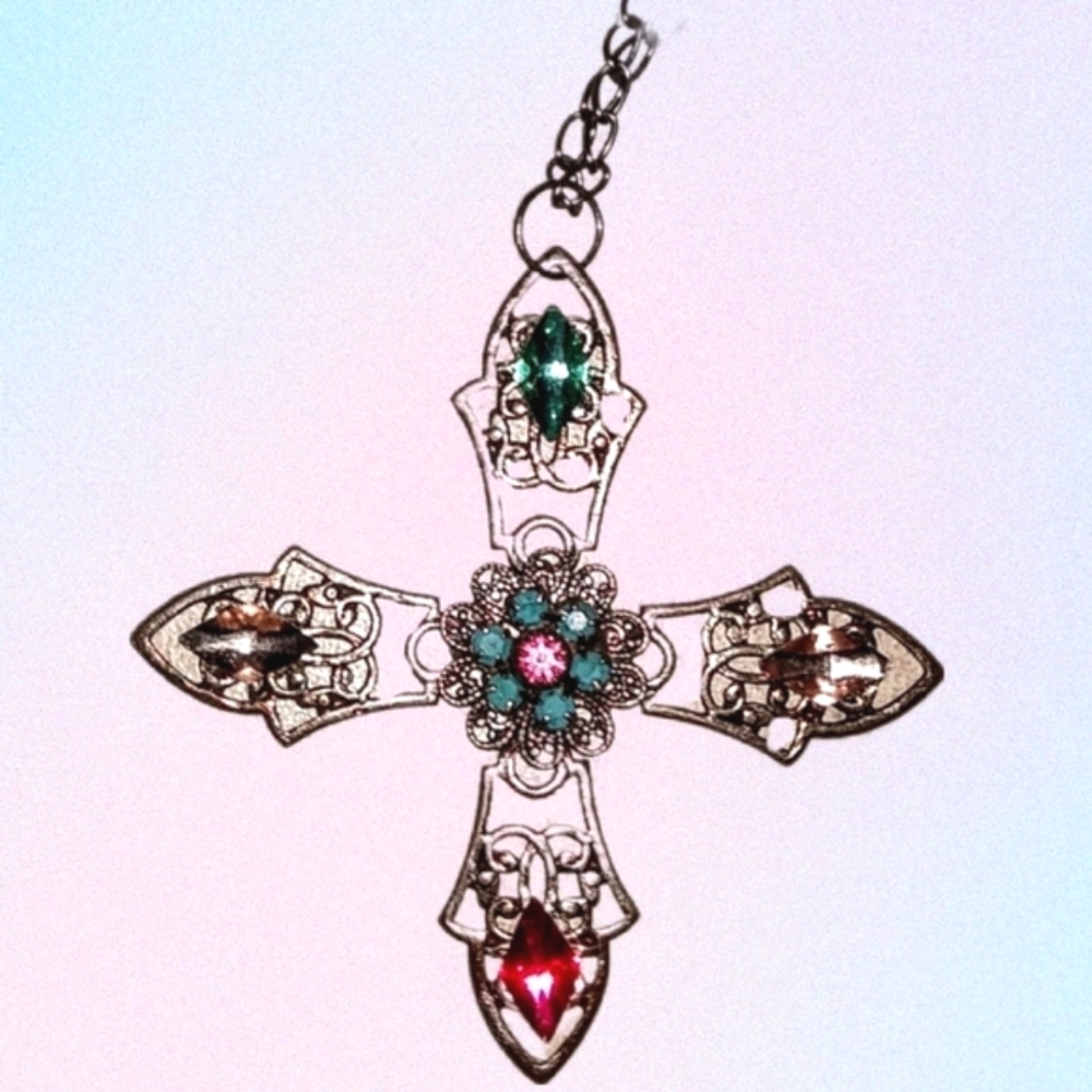 Upcycled Jeweled Open-work Cross Pendant